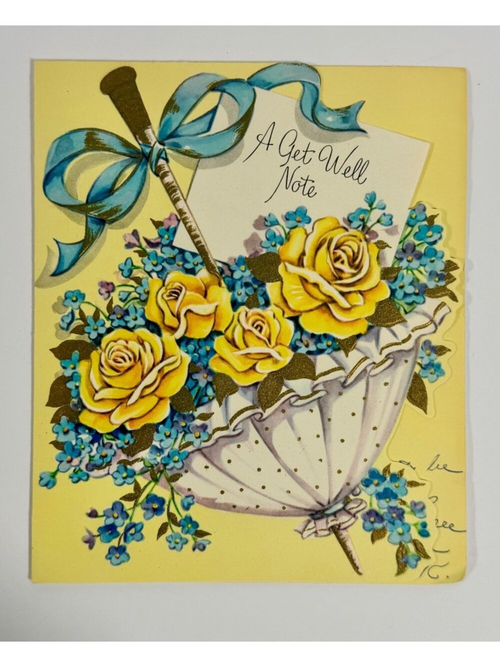 Vintage Get Well Greeting Card With Yellow Roses & Umbrella Illustration Made In